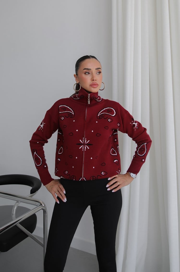 Bordo Damla Desenli Örgü Hırka