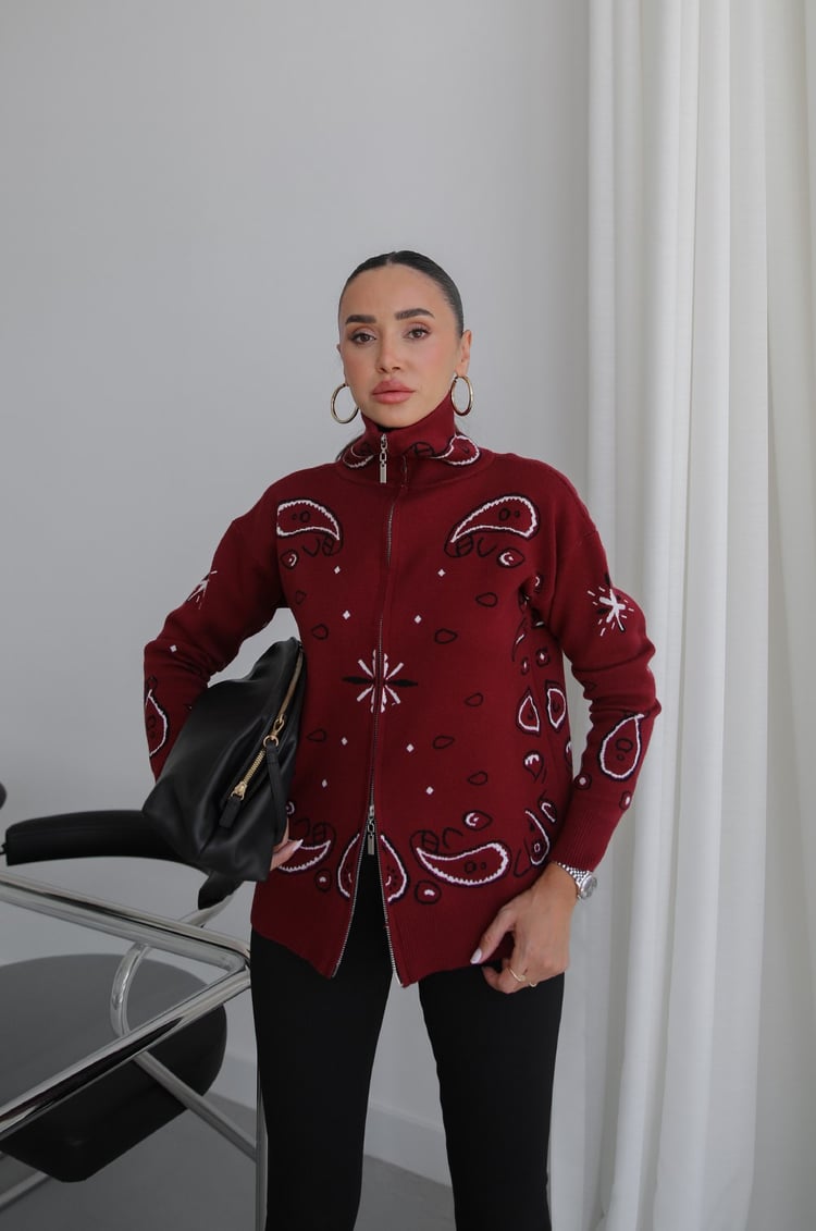 Bordo Damla Desenli Örgü Hırka
