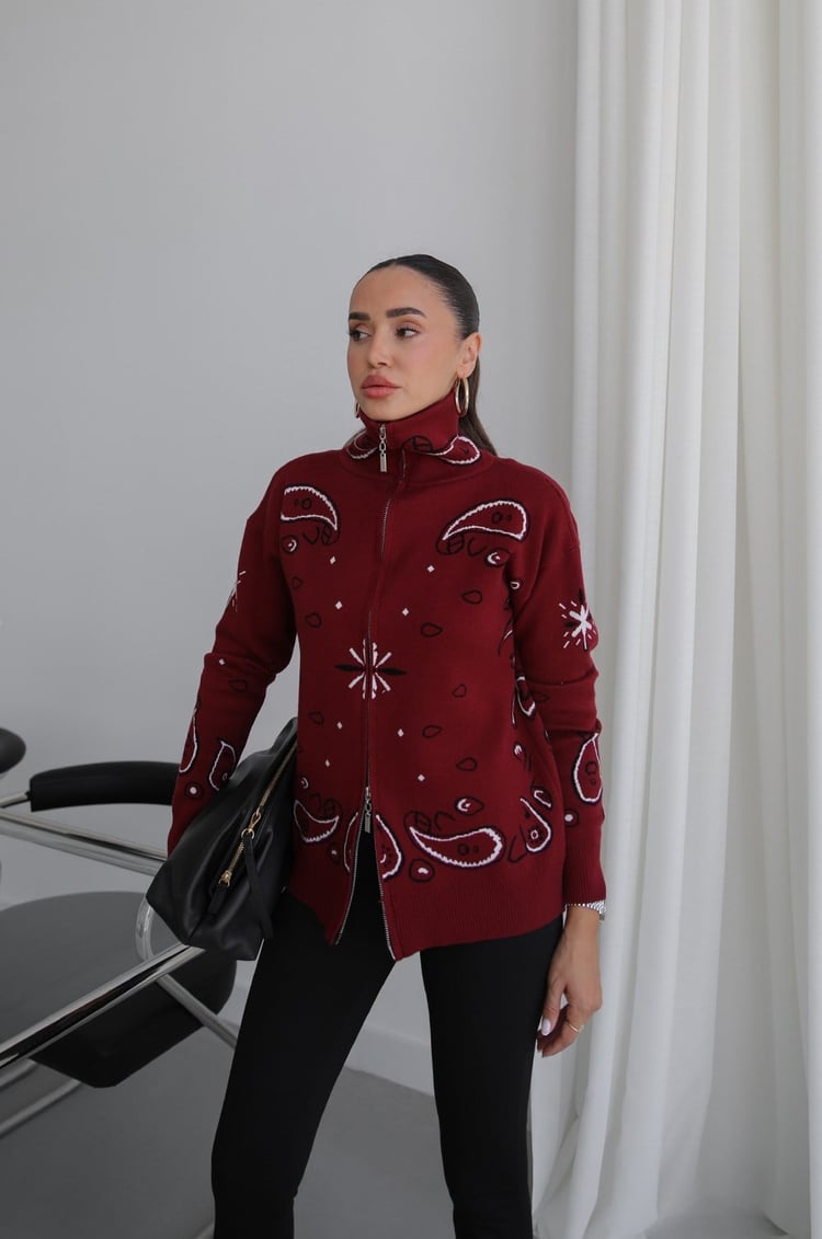 Bordo Damla Desenli Örgü Hırka