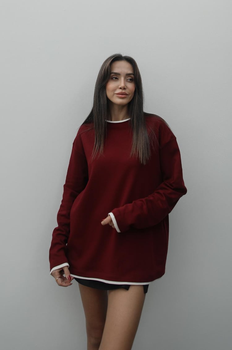 Bordo Ekru Şeritli Uzun Kollu Bluz