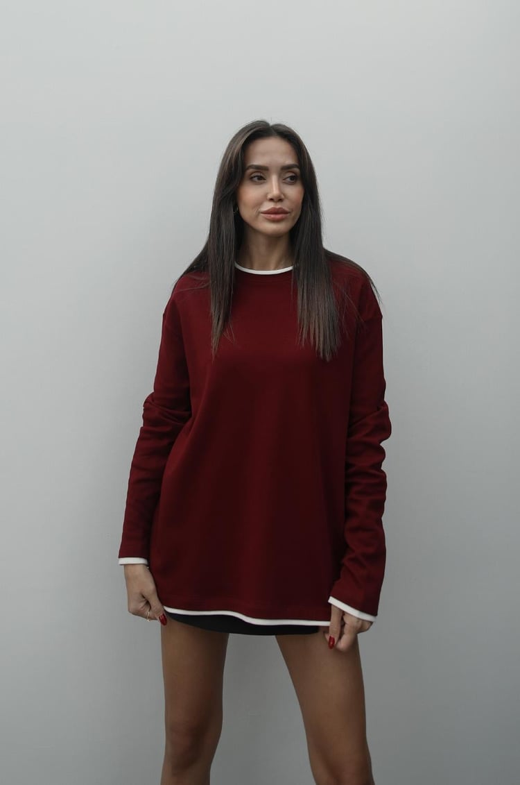 Bordo Ekru Şeritli Uzun Kollu Bluz