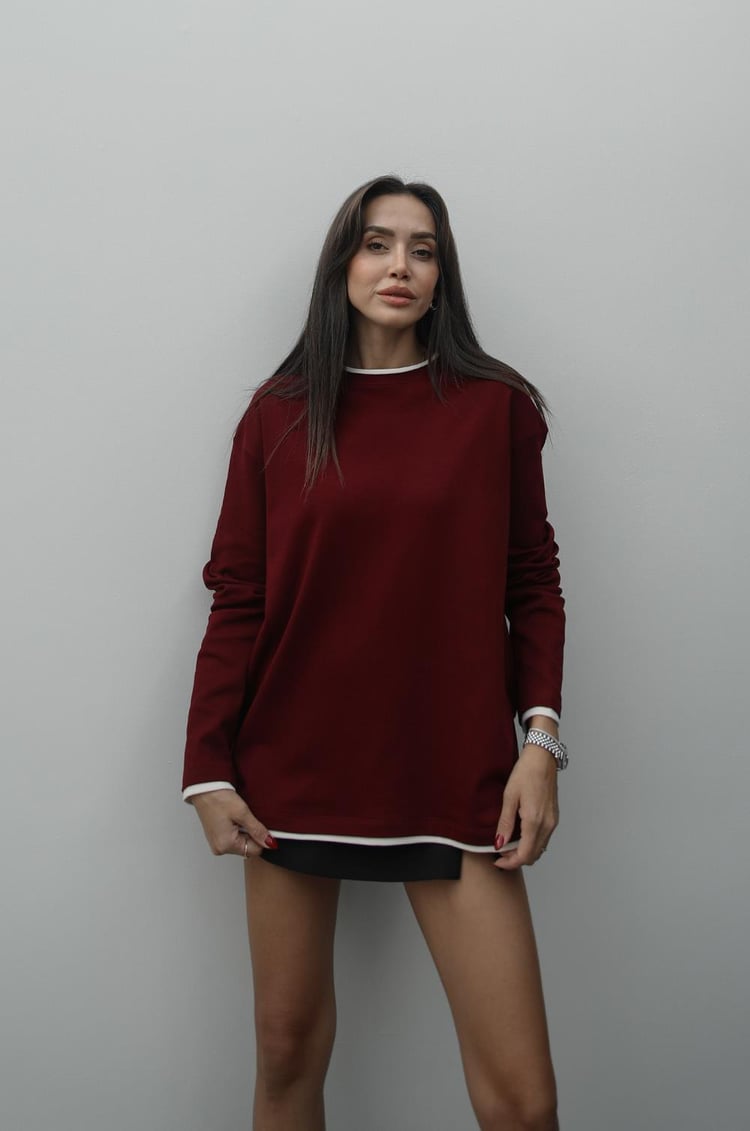 Bordo Ekru Şeritli Uzun Kollu Bluz