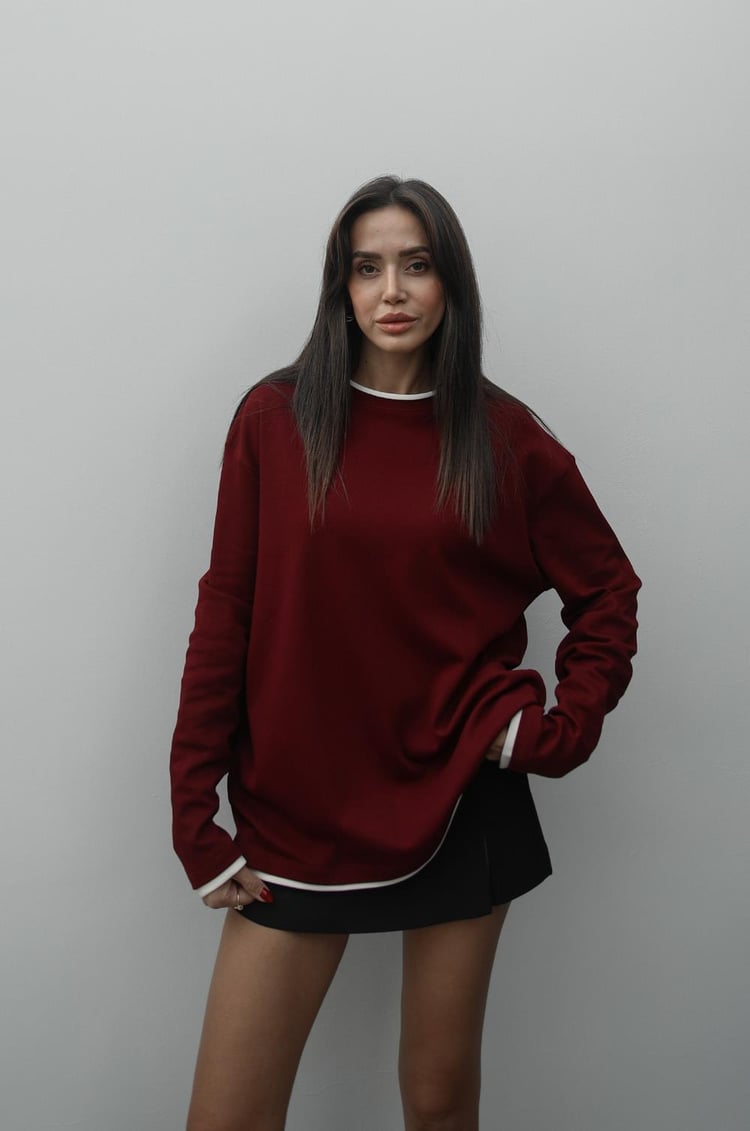 Bordo Ekru Şeritli Uzun Kollu Bluz