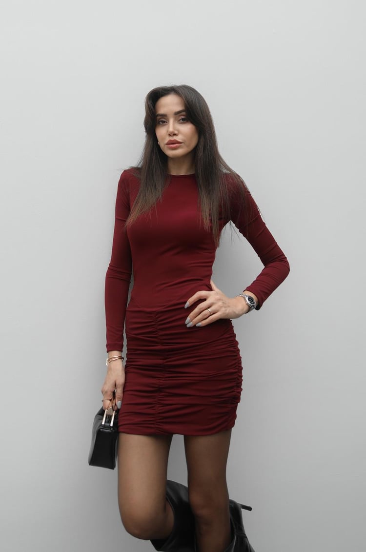 Bordo Eliza Drapeli Vatkalı Elbise