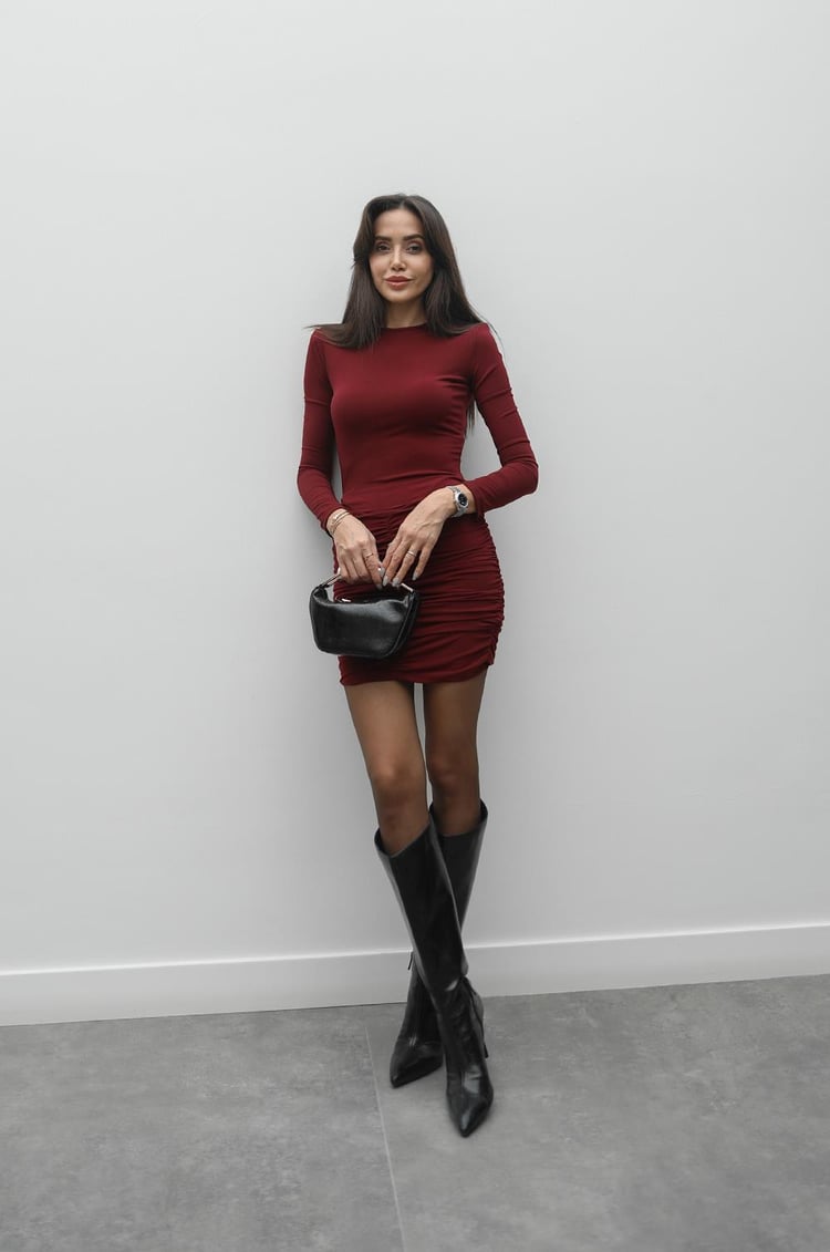Bordo Eliza Drapeli Vatkalı Elbise