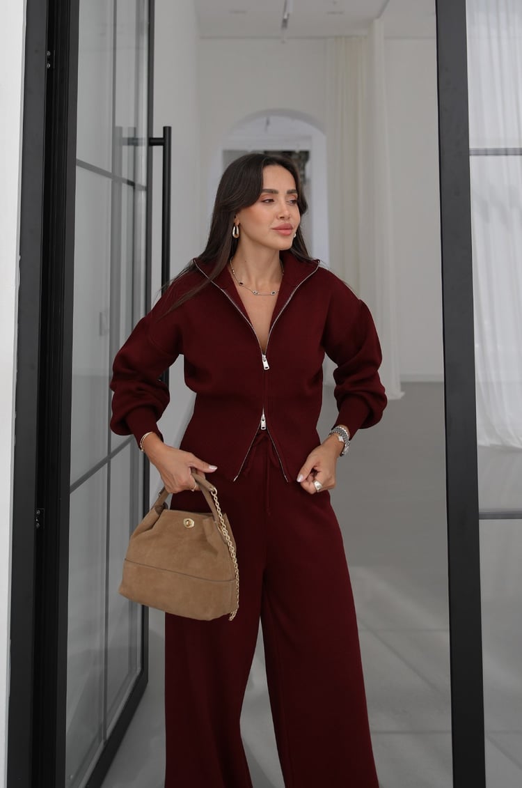 Bordo Çift Fermuarlı Hırka Pantolon Triko Takım