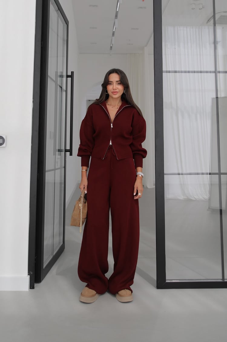 Bordo Çift Fermuarlı Hırka Pantolon Triko Takım