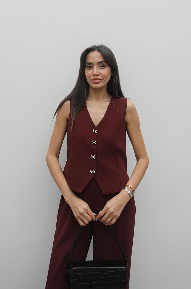 Bordo Fiyonk Düğmeli Yelek Pantolon Takım