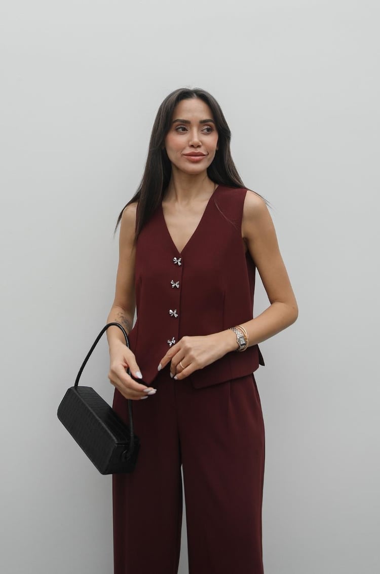 Bordo Fiyonk Düğmeli Yelek Pantolon Takım