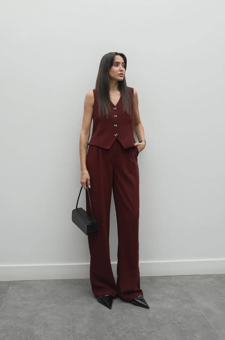 Bordo Fiyonk Düğmeli Yelek Pantolon Takım