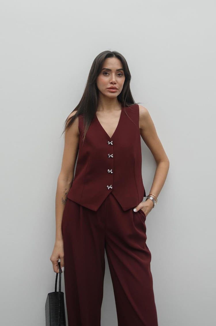 Bordo Fiyonk Düğmeli Yelek Pantolon Takım