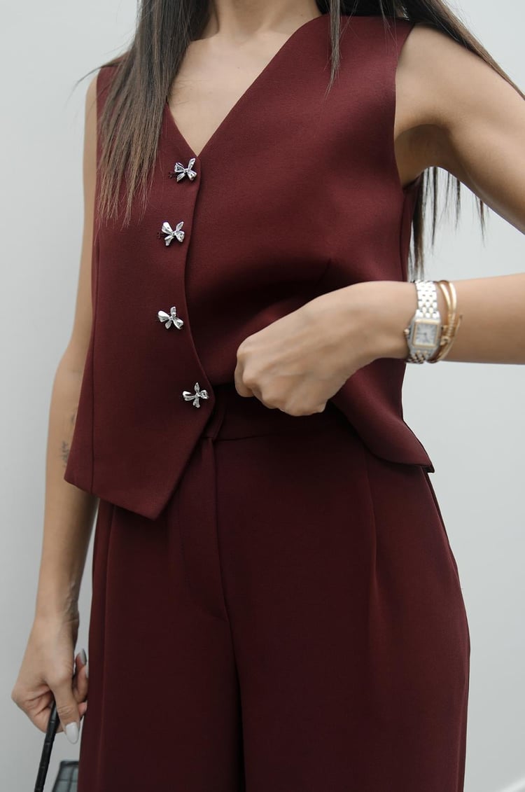 Bordo Fiyonk Düğmeli Yelek Pantolon Takım