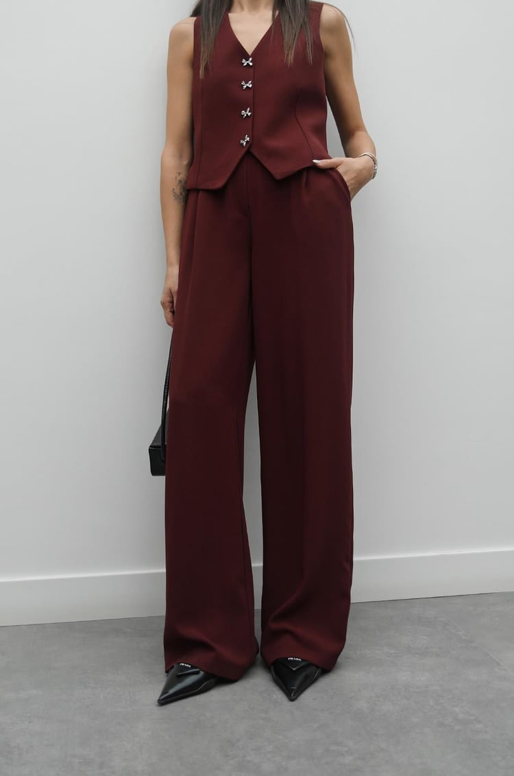Bordo Fiyonk Düğmeli Yelek Pantolon Takım