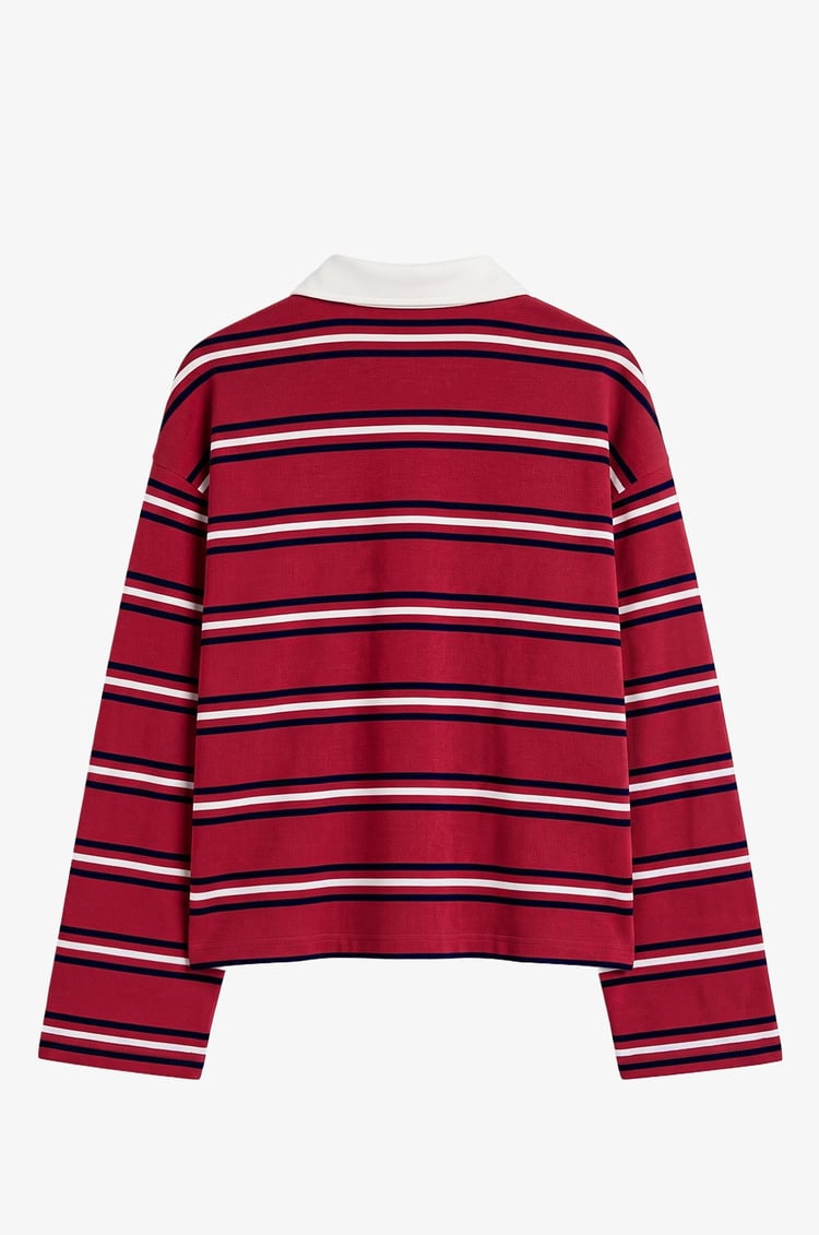 Bordo Gömlek Yakalı Çizgili İnce Sweatshirt