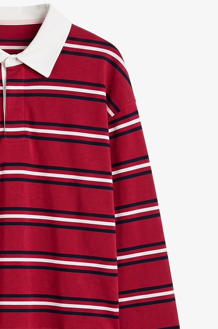 Bordo Gömlek Yakalı Çizgili İnce Sweatshirt