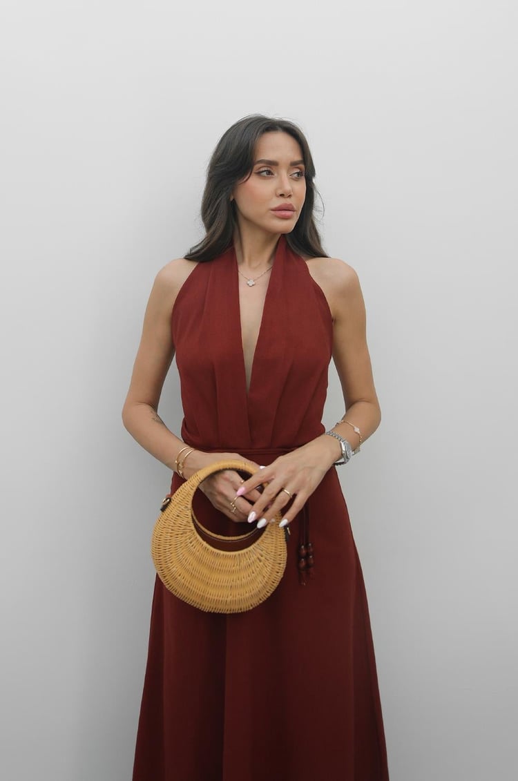 Bordo Hanne Keten Karışımlı Elbise