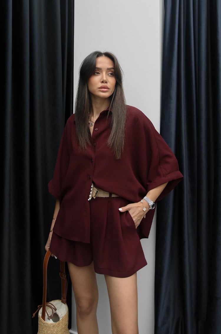 Bordo Hasır Kemerli Şort Gömlek Keten Takım