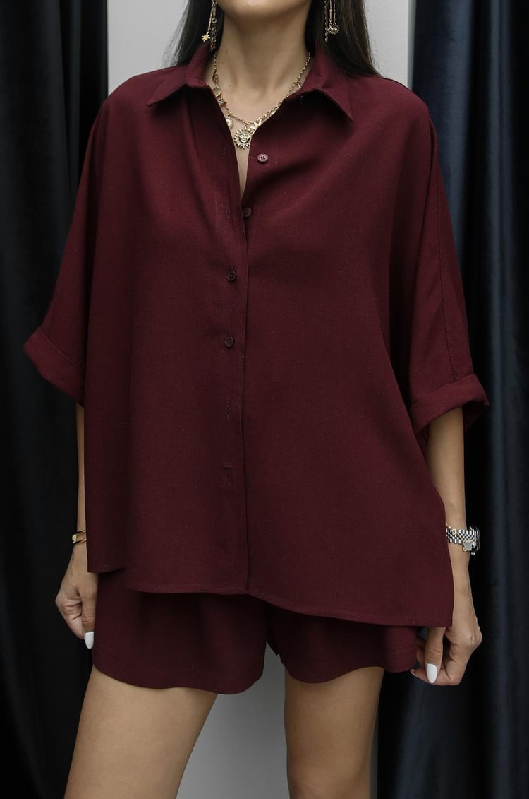 Bordo Hasır Kemerli Şort Gömlek Keten Takım