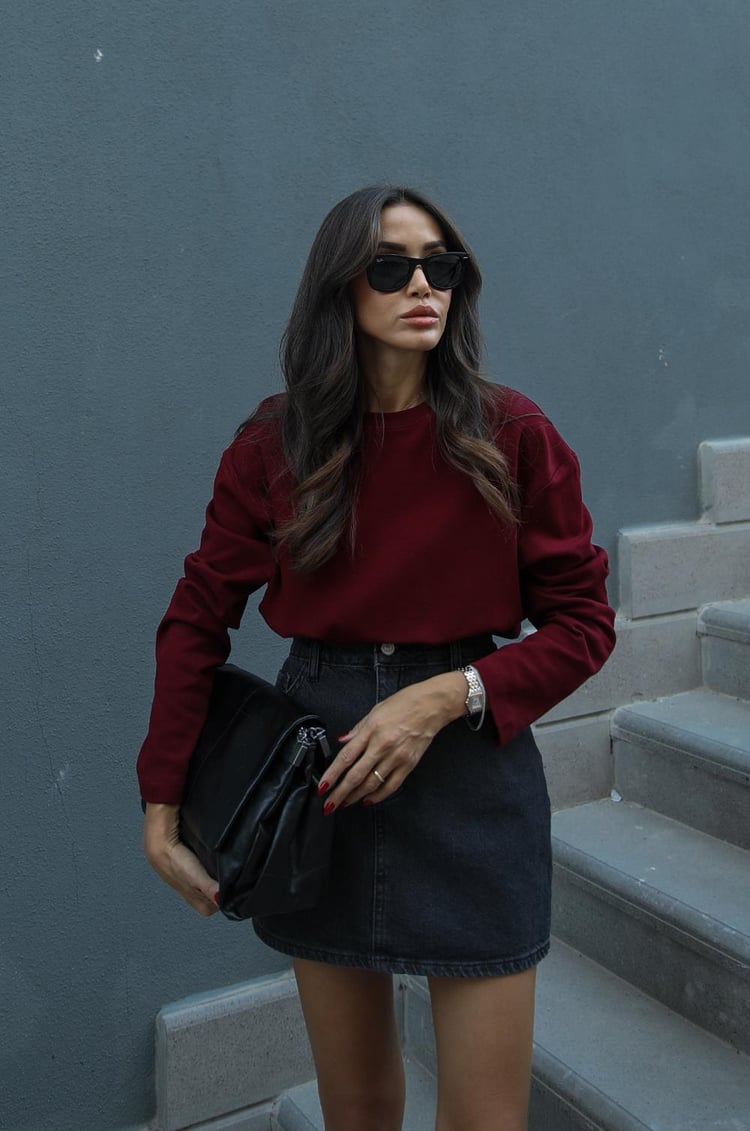 Bordo İnterlok Kumaş Uzun Kollu Bluz