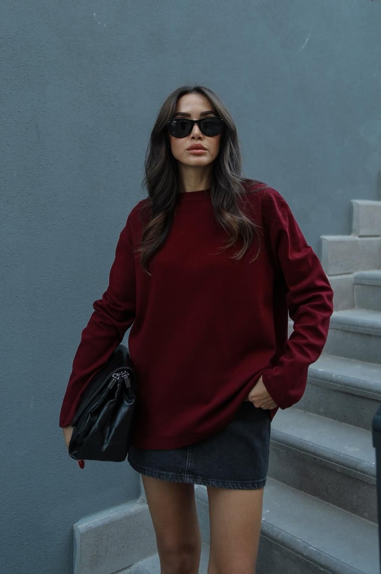 Bordo İnterlok Kumaş Uzun Kollu Bluz