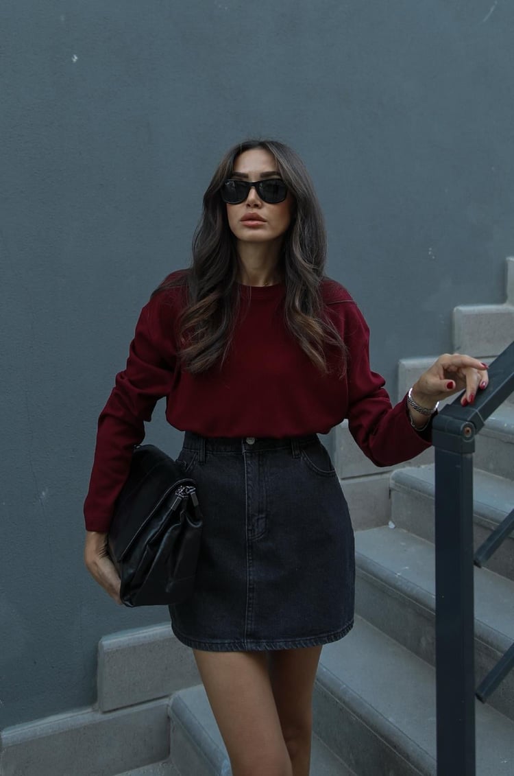Bordo İnterlok Kumaş Uzun Kollu Bluz