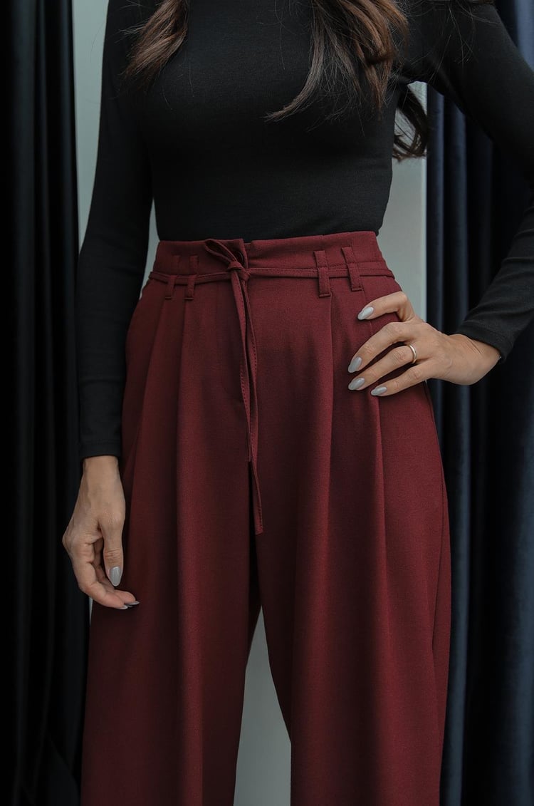 Bordo İp Bağcık Detaylı Palazzo Pantolon