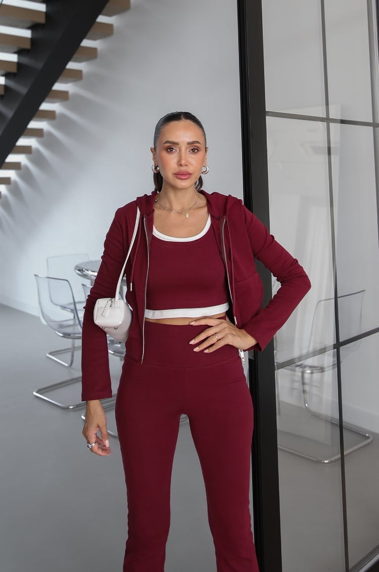 Bordo Kapüşonlu Sweat Crop Tayt Takım