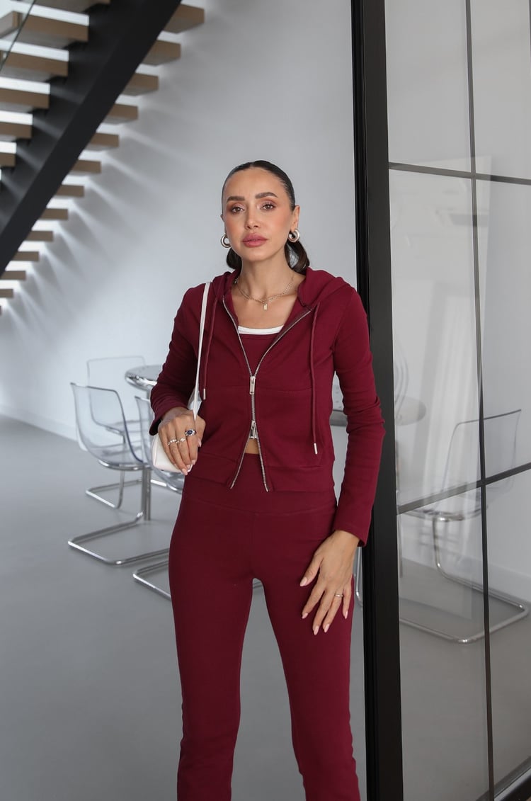 Bordo Kapüşonlu Sweat Crop Tayt Takım