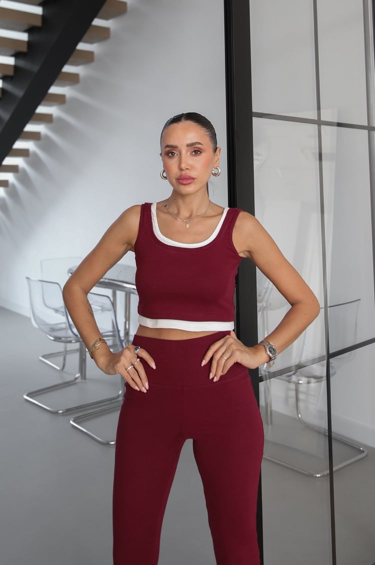 Bordo Kapüşonlu Sweat Crop Tayt Takım