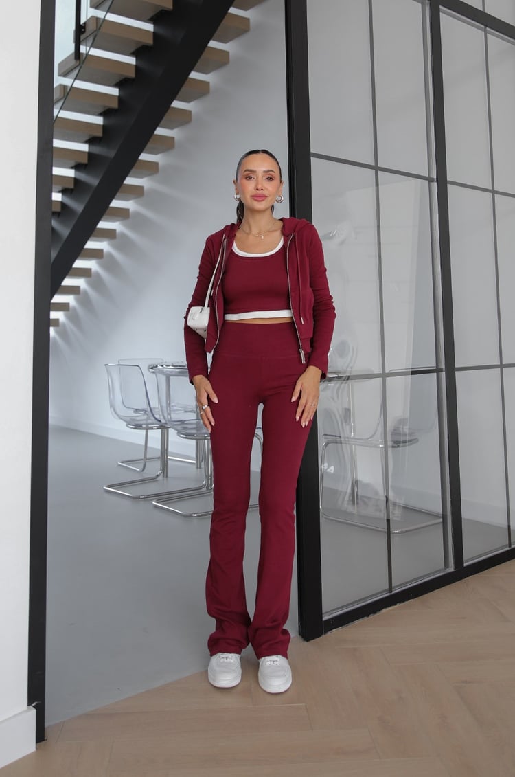 Bordo Kapüşonlu Sweat Crop Tayt Takım