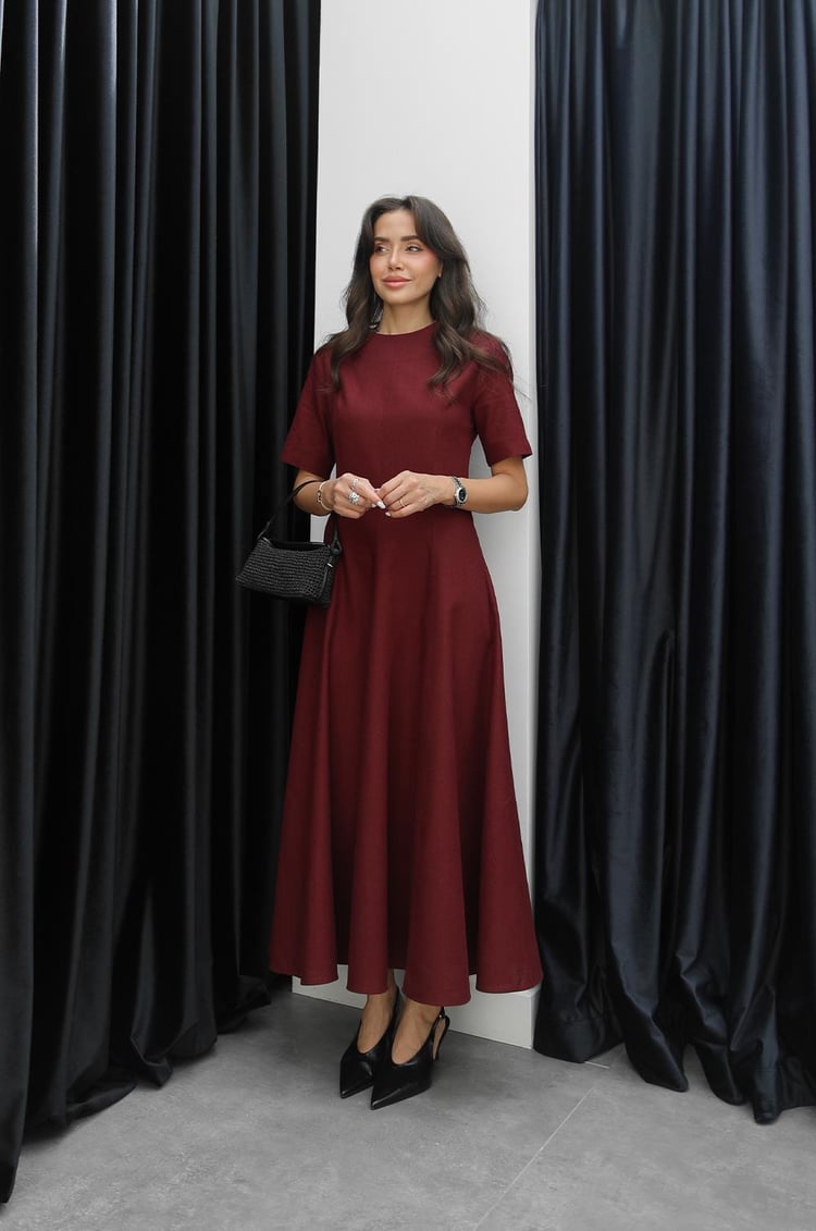 Bordo Keten Maxi Boy Elbise