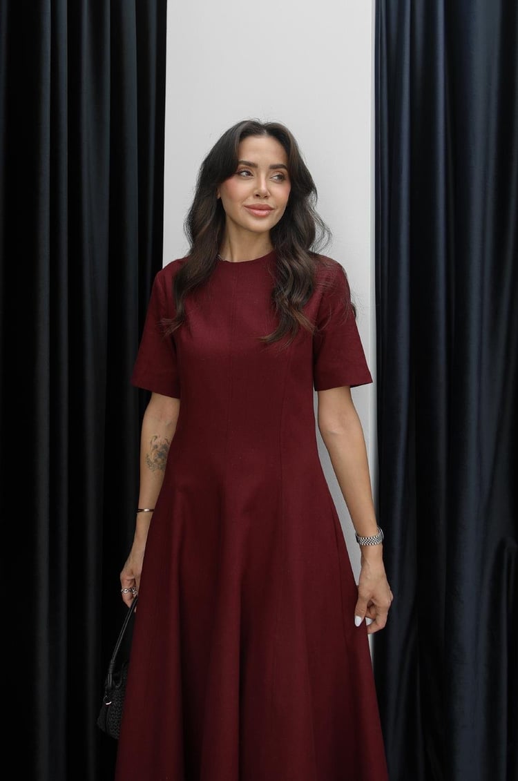 Bordo Keten Maxi Boy Elbise