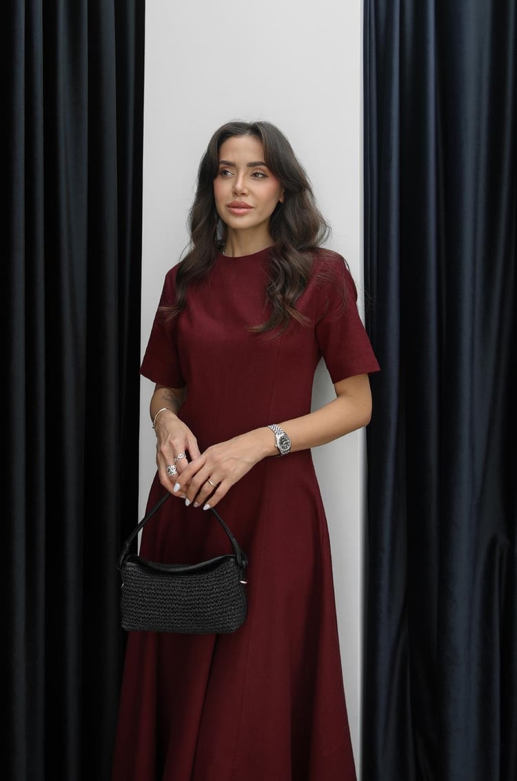 Bordo Keten Maxi Boy Elbise