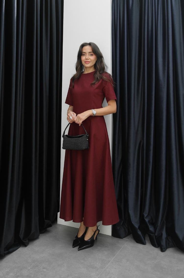 Bordo Keten Maxi Boy Elbise