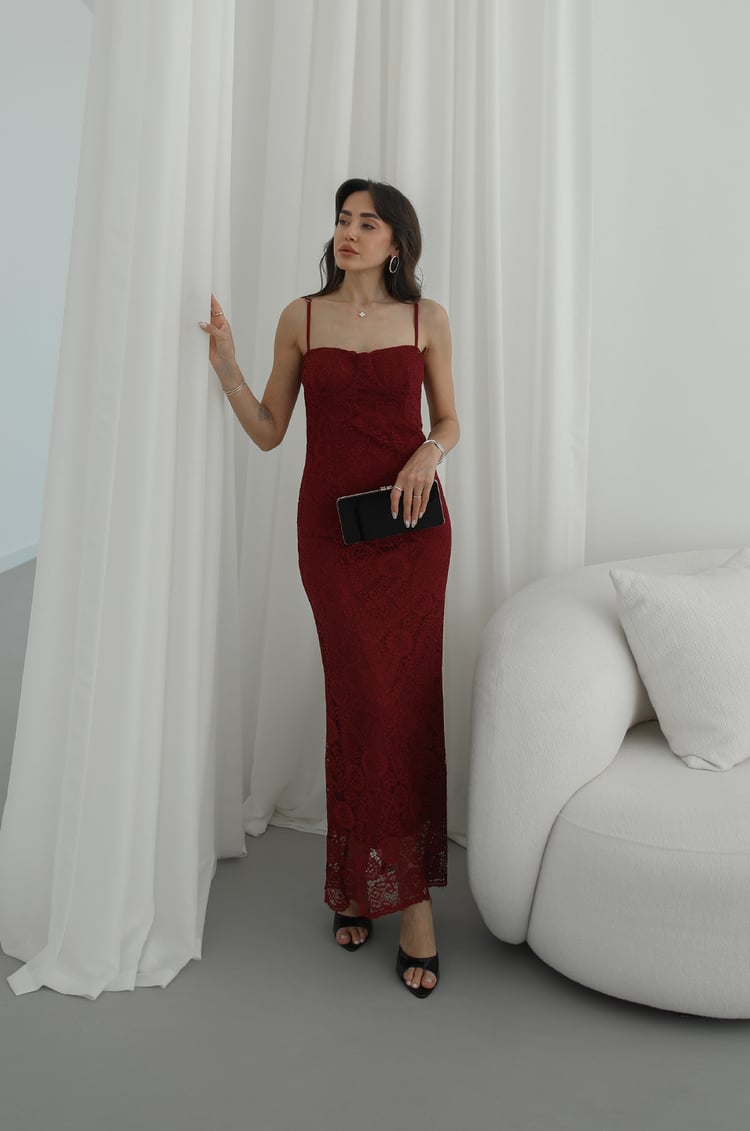 Bordo Kulplu Dantelli Askılı Elbise