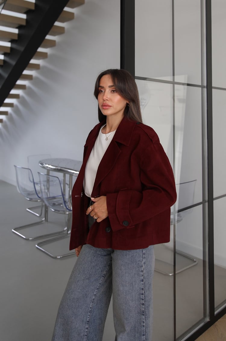 Bordo Loom Kısa Süet Ceket