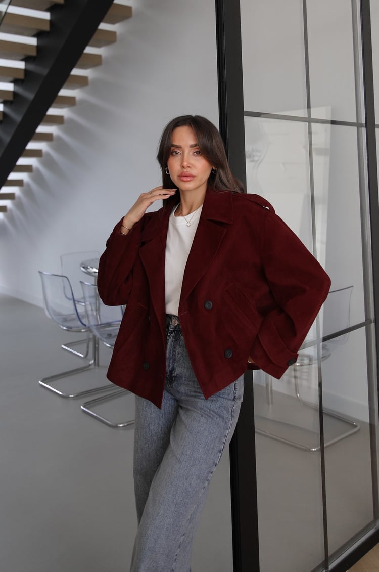 Bordo Loom Kısa Süet Ceket