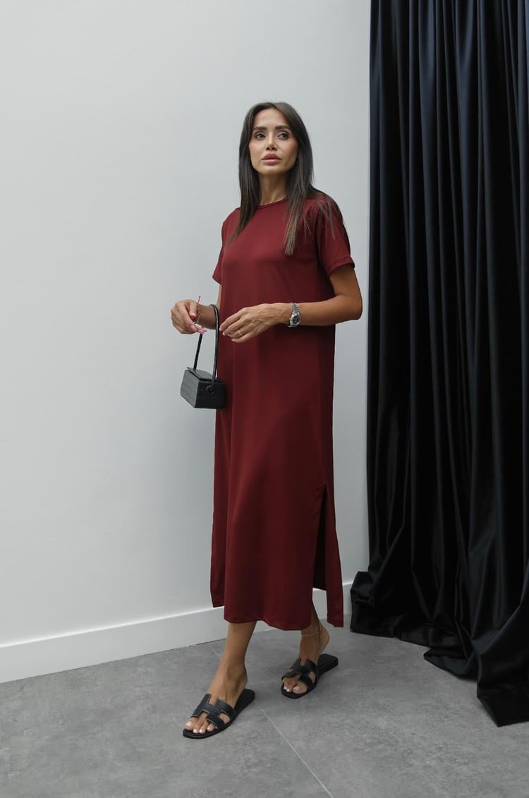 Bordo Melina Yırtmaçlı Elbise