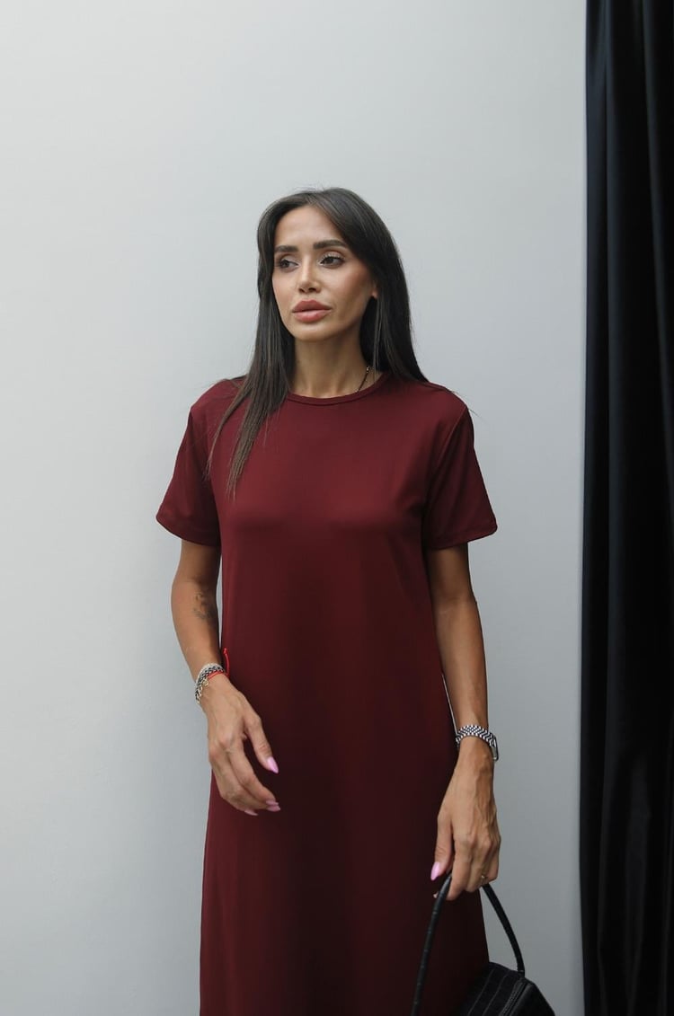 Bordo Melina Yırtmaçlı Elbise