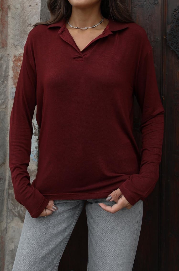 Bordo Mevsimlik Polo Yaka Bluz