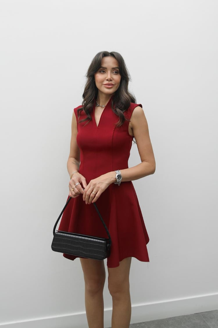 Bordo Monica V Yaka Volanlı Elbise
