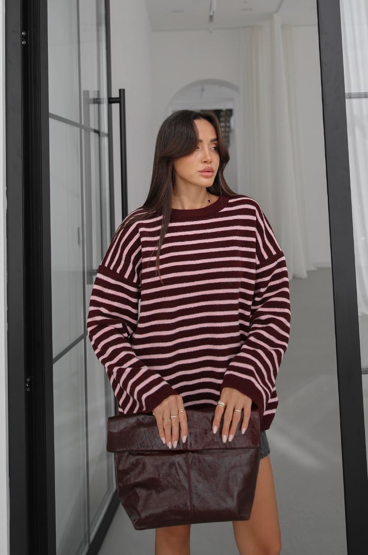 Bordo Noyan Oversize Çizgili Triko Kazak