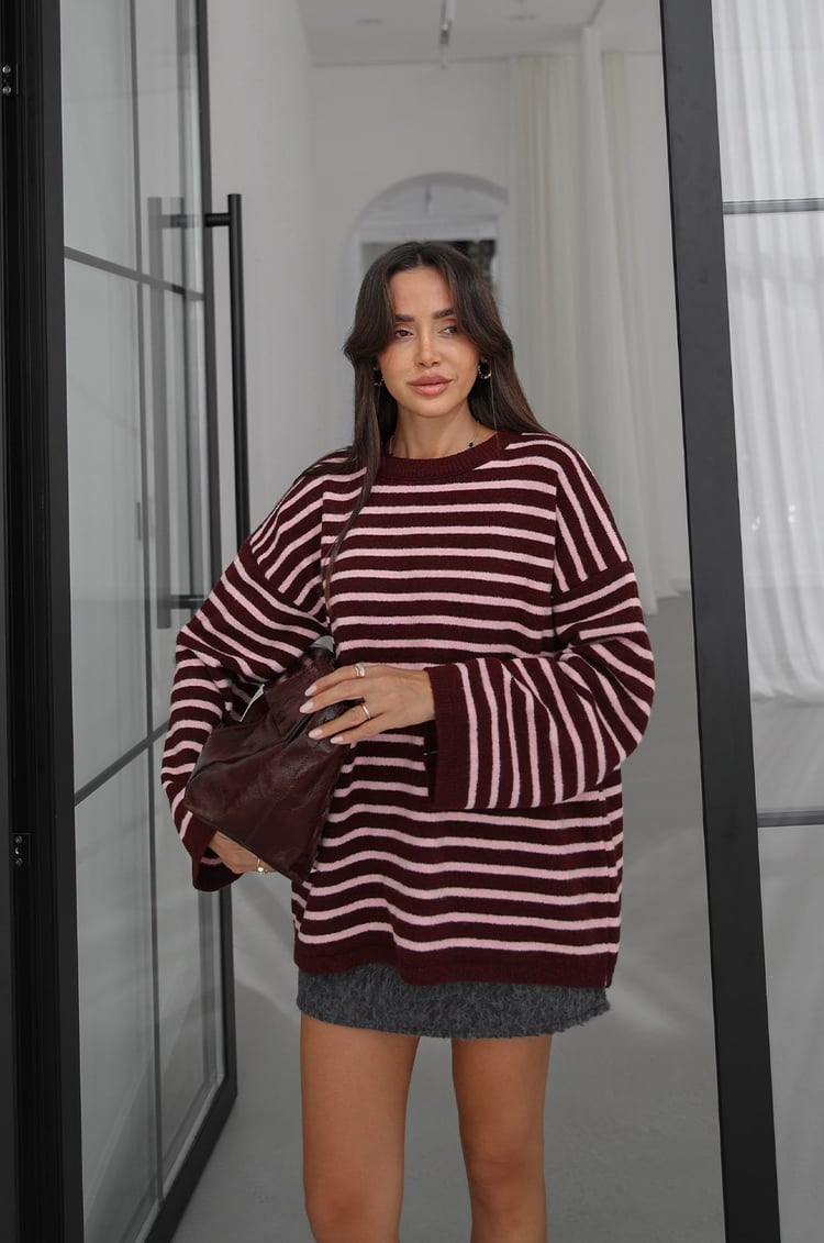 Bordo Noyan Oversize Çizgili Triko Kazak
