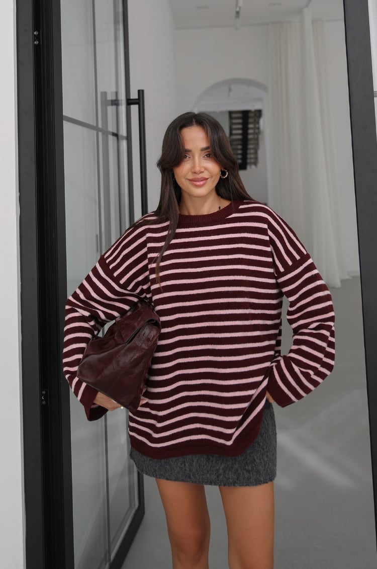 Bordo Noyan Oversize Çizgili Triko Kazak