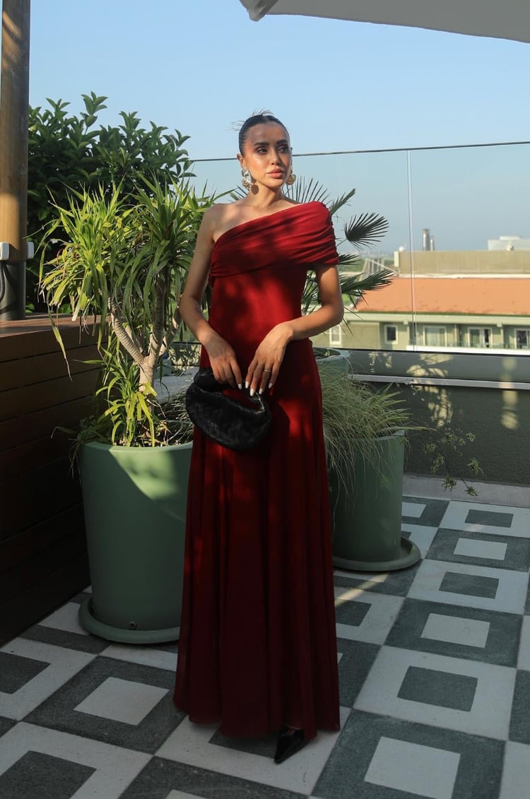 Bordo One Shoulder Şifon Elbise