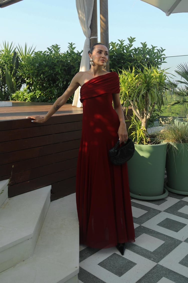Bordo One Shoulder Şifon Elbise