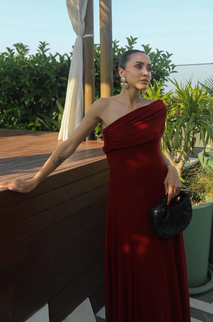 Bordo One Shoulder Şifon Elbise