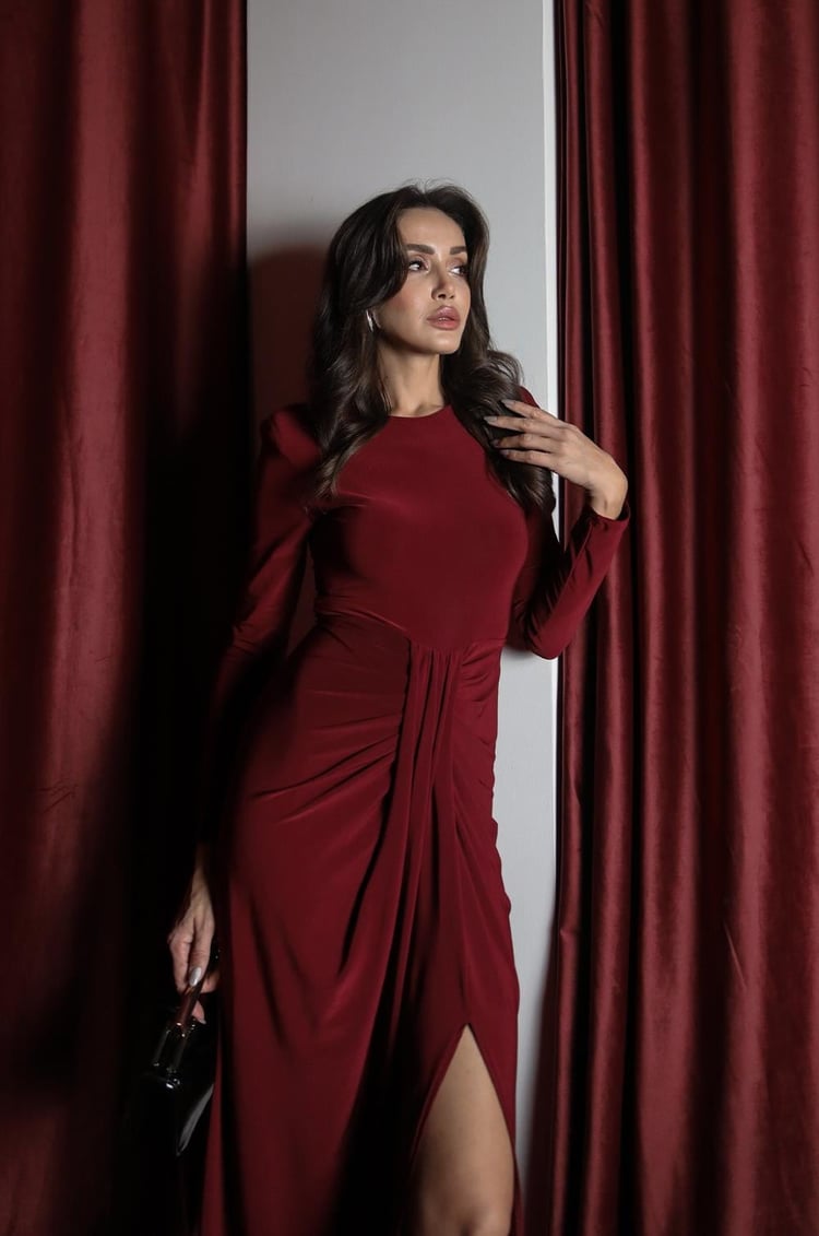 Bordo Önü Drapeli Uzun Kollu Elbise