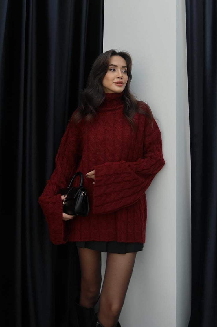 Bordo Örgü Detaylı Geniş Kol Kazak