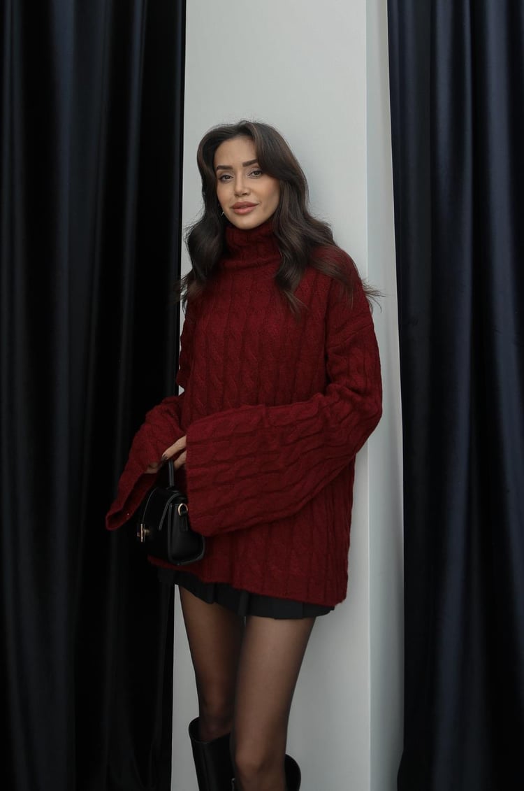 Bordo Örgü Detaylı Geniş Kol Kazak